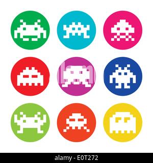 Space invaders, 8bit aliens round icons set Stock Vector