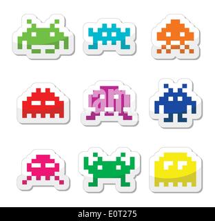 Space invaders, 8bit aliens icons set Stock Vector