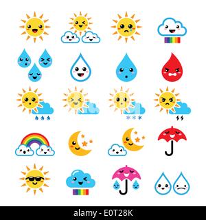 Cute sun, rainbow, moon, rain and cloud - Kawaii, Manga icons Stock Vector