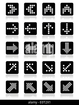Dotted arrows on black square icons set isolated on white Stock Vector