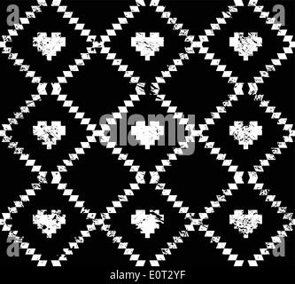 Seamless aztec tribal pattern with hearts - grunge, retro style Stock Vector