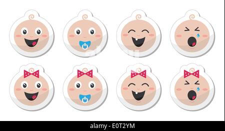 Baby boy, baby girl face - crying, with soother, smile icons Stock Vector