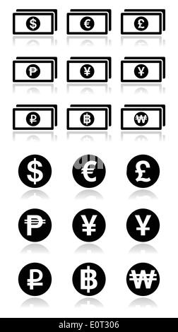 Currency exchange symbols - bank notes and coins icons set Stock Vector