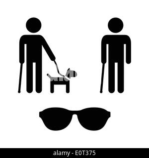 Blind man icons set - with guide dog, walking stick Stock Vector