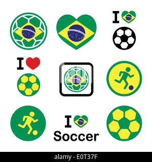 Brazilian flag, football or soccer ball icons set Stock Vector