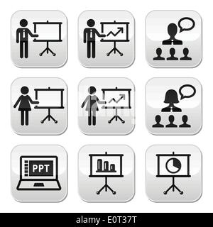 Business presentation, lecture, speech vector buttons Stock Vector