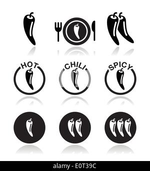Chili peppers, hot and spicy food icons set Stock Vector