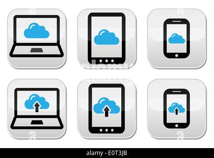 Cloud network on laptop, tablet, smartphone icons set Stock Vector