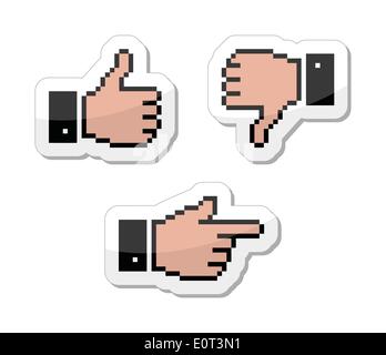 Pixel cursor icons - thumb up, like it, pointing hand Stock Vector
