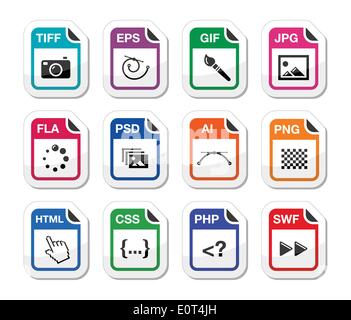 File type black icons as labels - graphics, coding Stock Vector