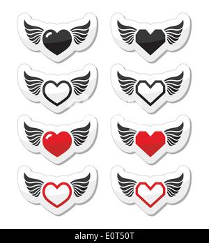 Heart with wings icons set Stock Vector