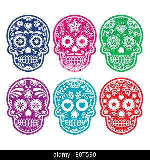 Mexican sugar skull, Dia de los Muertos colorful icons set Stock Vector