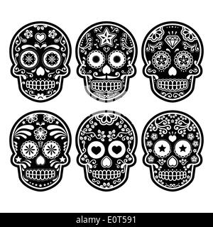 Mexican sugar skull, Dia de los Muertos colorful icons set Stock Vector