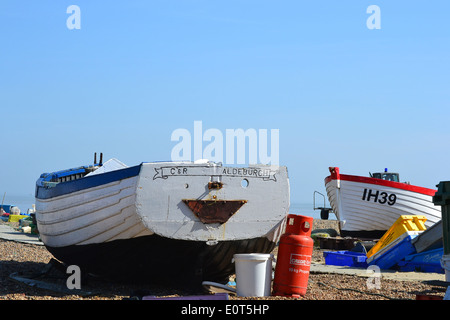 Traditional fishing boats on Aldeburgh Beach inspire artists, composers and visitors. This are permanently beached and historic boats. Stock Photo