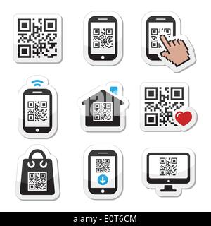 QR code on mobile or cell phone icons set Stock Vector