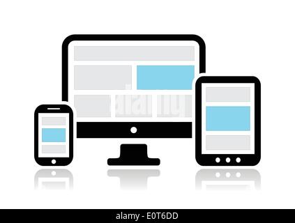 Responsive design for web- computer screen, smartphone, tablet icons set Stock Vector