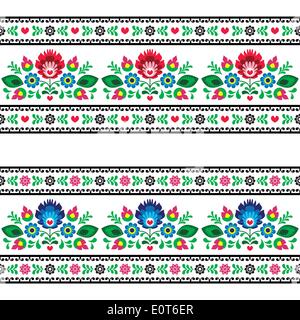 Seamless Polish folk art pattern with flowers - wzory lowickie, wycinanki  Repetitive cutout style colorful background - polish folk art decoration el Stock Vector