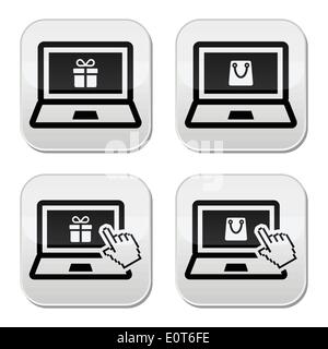 Shopping online, laptop with present and shopping bag buttons set Stock Vector