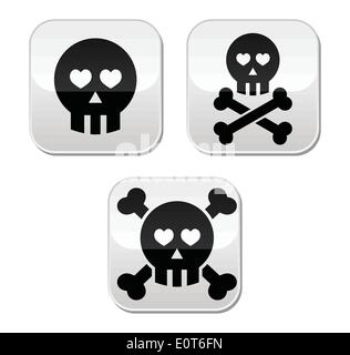 Cartoon skull with bones and hearts vector buttons set Stock Vector