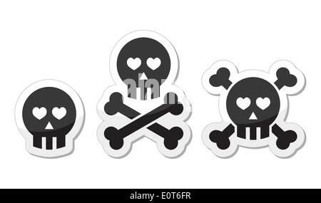 Cartoon skull with bones and hearts vector icon set Stock Vector