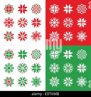 Snowflakes icon set on red and green background   Winter Christmas icons set- snowflakes shapes Stock Vector