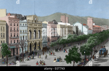 Spain. Catalonia. Barcelona. Las Ramblas and the Liceu opera house before its fire in 1861. Engraving. Colored. Stock Photo