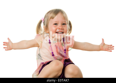 Close up portrait of cute girl with arms open.isolated on white. Stock Photo