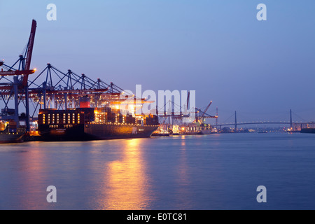 Container Terminal Altenwerder and Koehlbrand Bridge, Hamburg, Germany Stock Photo