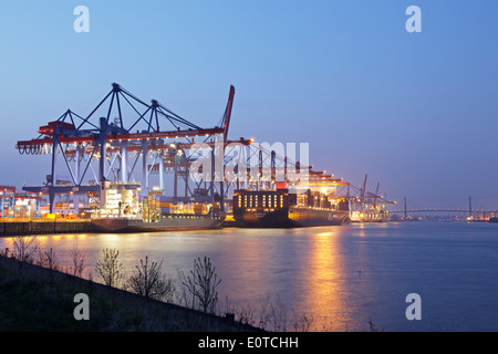 Container Terminal Altenwerder and Koehlbrand Bridge, Hamburg, Germany Stock Photo