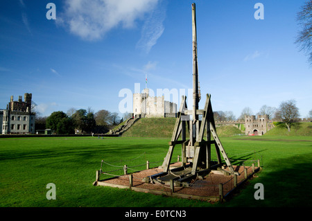 Norman Keep and Trebuchet, Cardiff Castle, Cardiff, South Wales, United Kingdom. Stock Photo