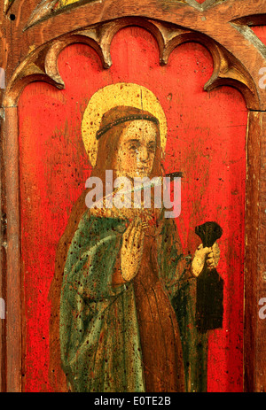 St. Agnes, English medieval rood screen painting, c.1500, North Tuddenham, Norfolk, with dagger at her throat, paintings art Stock Photo