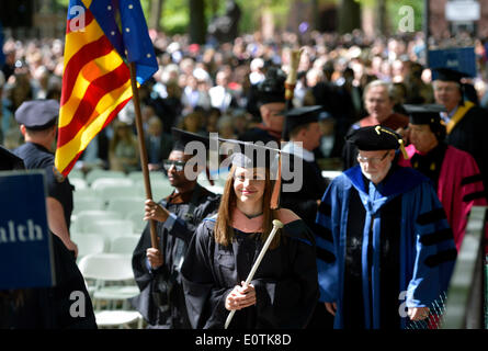 New Haven, USA. 19th May, 2014. Students of Yale University attend the 313th Commencement of Yale University at the Old Campus in New Haven, the United States, May 19, 2014. Twelve honorary doctorates and 3132 earned degrees were conferred on Monday during Yale's 313th Commencement ceremony, in addition to 253 provisional degrees for students who have yet to fully complete their study. Credit:  Wang Lei/Xinhua/Alamy Live News Stock Photo