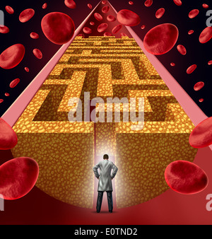 Cholesterol treatment by a heart surgeon doctor facing a clogged artery and atherosclerosis disease medical concept with a three dimensional human artery with blood cells that is blocked by plaque buildup of cholesterol shaped as a maze as a symbol of vas Stock Photo