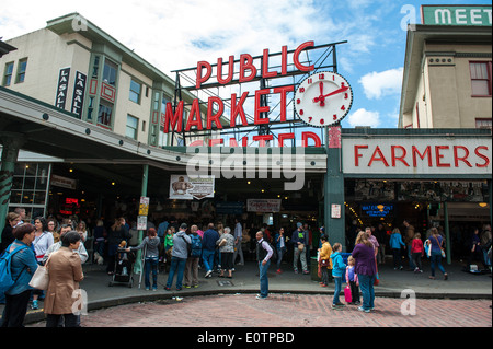 Pike Pace Market is a historic, multi-level public market in Seattle home to over 200 independent businesses. Stock Photo