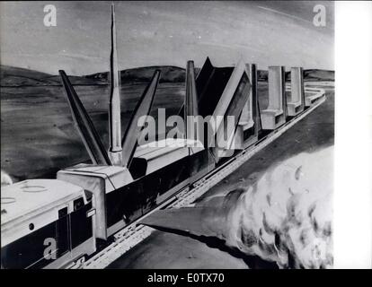 Aug. 29, 1960 - Rocket Launching Pads In tank trains: Tank trains with launching for the International ''Minuteman-rocket are planned by US air-force as latest deterrent missile. These moving rocket bases are to be continually moving along the American railways and build an unreachable goal for a possible aggression. Picture shows an artist's impression on such a rocket train with the ''Minuteman'' ballistic missiles in various stages from horizontal travelling position to vertical firing position. Stock Photo