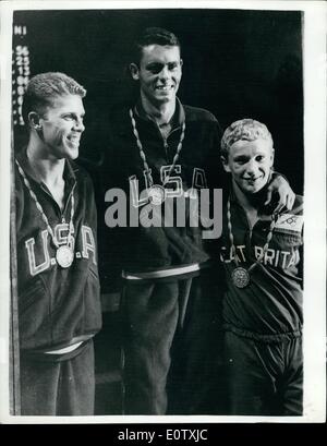 Sep. 04, 1960 - 4-9-60 Olympic Games in Rome. Winners of Men's 10M Diving Event. Bronze for Phelps. Brian Phelps, the 16-year old British diver, won a Bronze Medal when he finished third in the Men's 10 Meters Diving Event. R. Webster of the U.S.A. and G. Tobian, also of the U.S.A. finished first and second respectively. Keystone Photo Shows: Pictured after receiving their medals are Robert Webster (Centre), the winner, G. Tobian (left), second, and Brian Phelps (right), third. Stock Photo