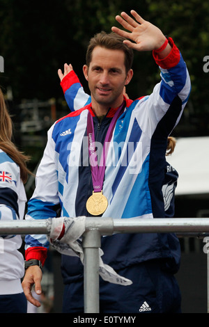 British Olympic gold medal winning Ben Ainslie waves during the London 2012 Victory Parade for Team GB and Paralympic GB athletes in London Britain 10 September 2012. Stock Photo