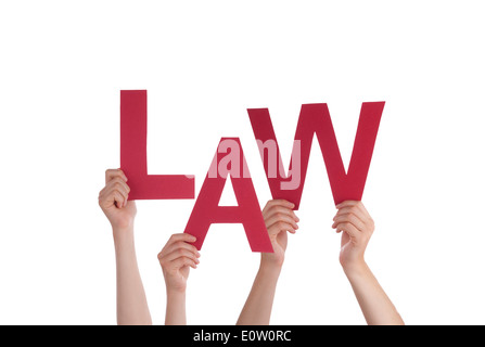 Many Hands Holding the Red Word Law, Isolated Stock Photo