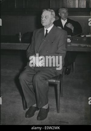 Jan. 01, 1961 - Trial against Bach-Zelewski in Nuremberg: On Jan. 16th the trial began in Nuremberg one of the nine demanded against him against former SS-general Erich von dem Bach-Zelewski. In this trial he is accused of being responsible for the murder of farm owner and tournee rider Anton von Hohberg-Buchwald is connection with the Rohm riot in 1934. Bach-Zelewski says from himself that it was him who smuggled the poison to Goring with which the latter committed suicide durin gthe Nuremberg Warcime Trials. Photo shows Bach-Zelewski and his advocate Dr. Wolpert. Stock Photo