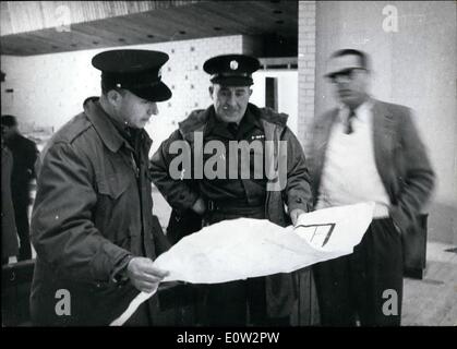 Feb. 02, 1961 - Preview of trial against Adolf Eichmann in Jerusalem: Chief of police Joseph Nahmias (Nahmias) inspecting the plans of the court room. Nahmias is seen on left. Stock Photo