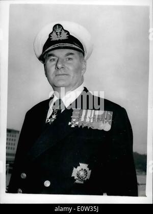 Mar. 03, 1961 - Home Fleet Commander in Chief Visits London Pool. The Commander in Chief, Home fleet, Admiral Sir Wilfred Woods, arrived aboard the frigate HMS Plymouth this morning for a six day official visit to the Pool of London. Photo Shows: Admiral Woods aboard HMs Plymouth in London this morning. Stock Photo
