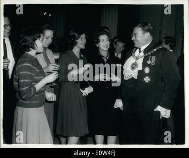 Apr. 04, 1961 - Lord Mayor Receives Party from International School of America. The Lord Mayor of London today received the party from the International School of America, who are on a visit to London during their world tour - at the Mansion House today. Keystone Photo Shows: The Lord Mayor of London, Sir Bernard Waley Cohen, chatting to members of the party today. They are (L to R): Diana Layne, 18, of Miami; Eleanor Neher, 17, of Pasadena; Nell Johnson, 17, of Tennessee, and Lucy Langoh, 18, of Columbia City, Indiana. Stock Photo