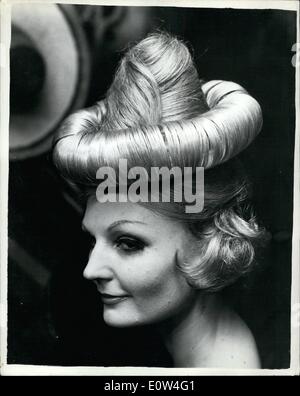 Apr. 04, 1961 - Hair style fantasies on show in London ''Sombrero''. Realities and fashion by Riche - inspired by the film ''The Magnificent seven'' - were displayed at the May fair Hotel this afternoon. photo shows Hannerle Dehn - displays ''Sombrero'' - based on the ''Mexicane'' theme. The brim is detachable and constitute an additional hair-piece, leaving a basic - practical style. Stock Photo