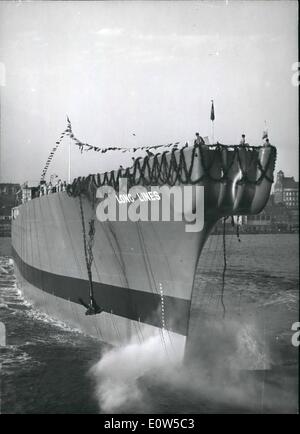 Sep. 09, 1961 - The world's largest cable-laying ship was launched..at Hamburgs Schlieker-Dockyard on Sept. 24th being christened with the name of ''Long Lines'' (Long Lines). Hamburg had won the contract to construct the Amendment Telephone & Technology Company's cable late against world wide competition from Japaneses British Spanish shipyards The new A.T. & T. Ship for 17,000 grt, is 510 feet long and will be one of fastest ships on the high seas in the specialized field of cable-laying at 7 or 8 knots compared with 3 1/2 knots per hour for other of this category Stock Photo