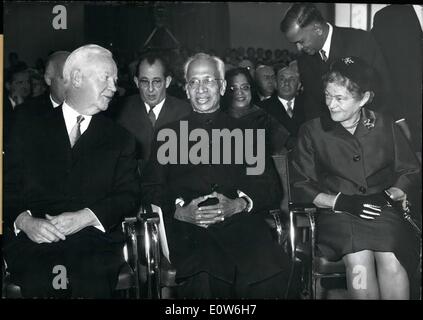 Oct. 10, 1961 - Radhakrishnan awarded with Peace Price: India' Vice President Prof Sarvepalli Radhakrishnan today was awarded with the Peace Price of the German Publishers during a ceremony in the Frankfurt St. Paul's Church. Federal President Luke and Ex President Prof. News were present at the ceremony. Photo shows Vice President Radhakrishnan (center) with German Federal President Dr. Reinrich Luebke (left) and Mrs Wilhelime Luebke, wife of the president. Stock Photo