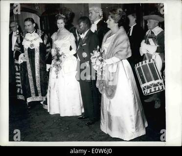 Oct. 10, 1961 - Dinner for President of Senegal in London Last Night. A dinner in honour of Mr. Leopold Senghor, President of Senegal, was held last night at the Guildhall, London. He is currently on a State visit to Britain. Photo Shows: At the dinner last night - left to right: Sir Bernard Waley Cohen, the Lord Mayor of London; Lady Waley Cohen; President Senghor; and Mrs Senghor. Stock Photo