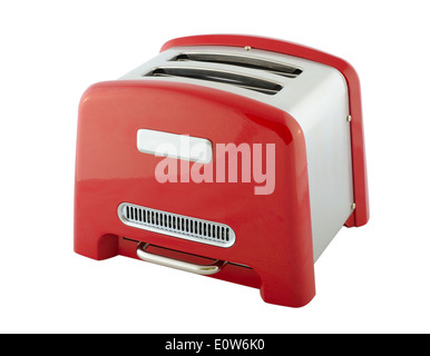 Kitchen appliances - toaster of silver and red color, isolated on a white background Stock Photo