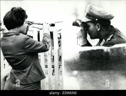 Aug. 08, 1961 - Frontier town Berlin Ulbricht's ''Chinese Wall'' has drawn a frontier line across Berlin. Suspiciously, one looks at each other only through binoculars across the Iron Curtain. But the young woman in the West and the young man in the East could really be friends as they are both Berliners, but the political situation of Germany does not permit this. Stock Photo