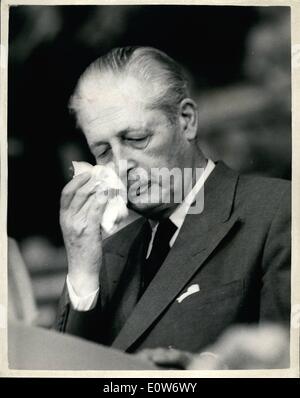 Oct. 10, 1961 - Macmillan speaks at Conference.: Prime Minister Harold MacMillan this afternoon addressed the Conservative conference being held this week at Brighton. Photo shows Macmillan stops speaking for an instant to wipe his brow. Stock Photo