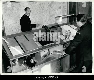Oct. 10, 1961 - Press reception at Headquarters of Nation- wide Security Organisation: A press reception was held today at the London Headquarters - at Old Swan House, Chelses Embankment - of ''Securicor'' - the Country oldest and largest Security Organisation - which supplies a service for the protection of cash- employees- premises. Equipped with Armoured vehicles each carrying a crew of three - and in direct radio contact with branches - in 33 towns throughout the country- ''Securboor'' employs over 1,000 guards - and protects property valued at more than a thousand million pounds Stock Photo